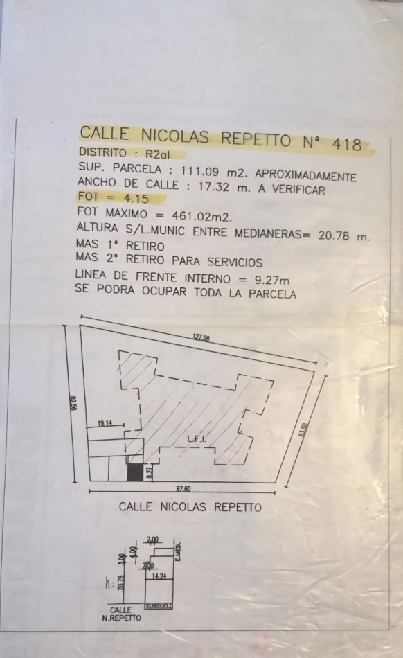 Venta de Lote  en Nicolas Repetto 400, Caballito
